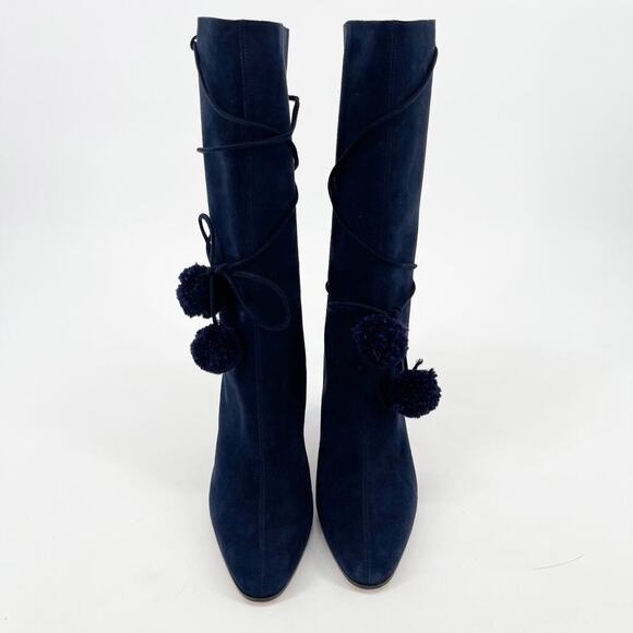 Jimmy Choo Retro y2k Navy Blue Suede Pom Pom Tie Mid-Calf Heeled Boot IT 37.5 - Picture 5 of 12